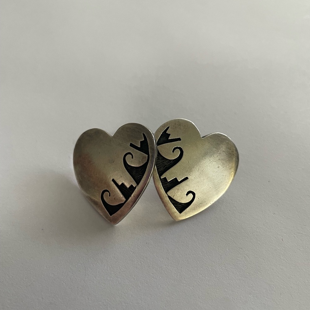 Vintage Sterling Silver Heart Inlay Earrings